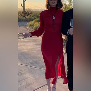 Reformation red long sleeve high-neck midi dress with slit - size 4
